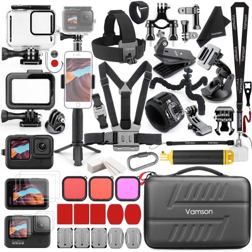  Vamson Accessories Kit for GoPro Hero 10 9 Black Waterproof Housing Case Filter Silicone Protector Frame Lens Screen Tempered Glass Head Chest Strap Bike Mount Floating Bundle Set