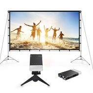 Vamvo Outdoor Movie System-Outdoor Indoor Projector Screen with Stand Foldable Portable 100 Inch + Ultra Mini Portable Projector 1080p Supported HD DLP LED Rechargeable Pico Projec