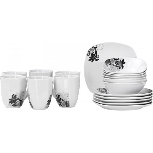  Van Well 18tlg. Fruehstuecks-Set Black Flower | 6 Personen | Kaffeebecher + kleine Teller + Mueslischalen| modernes Dekor | edles Hotel-Porzellan