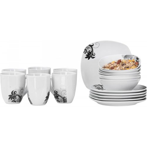  Van Well 18tlg. Fruehstuecks-Set Black Flower | 6 Personen | Kaffeebecher + kleine Teller + Mueslischalen| modernes Dekor | edles Hotel-Porzellan