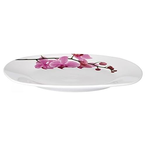  Van Well Tafelservice Kyoto, 12tlg. fuer 6 Personen, 6 Speiseteller + 6 Tiefe Suppenteller, Porzellan-Geschirr, Blumen-Dekor Orchidee, rosa-rot, pink