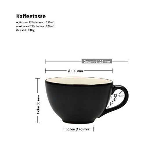  Van Well Elements 18-TLG. Kaffeeservice | Kaffeetasse + Untertasse + Kuchenteller | edle Geschirr-Kollektion | Steingut glasiert | Farbe:Creme-schwarz