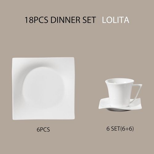  Vancasso Lolita 18 TLG. Porzellan Kaffeeservice, Weisses Kaffeeset fuer 6 Personen, Beinhaltet Kaffeetassen, Untertassen und Dessertteller