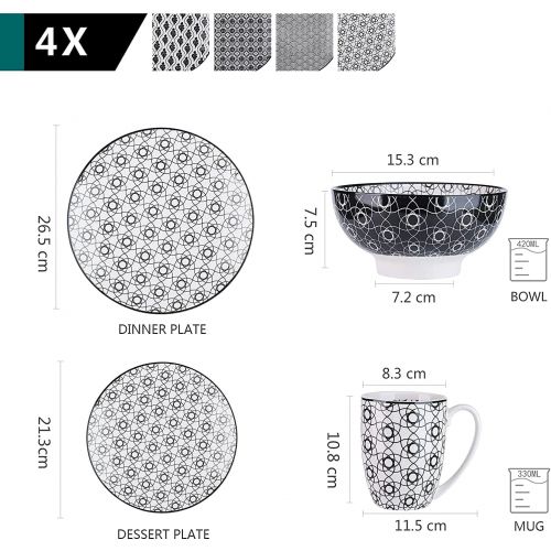  Vancasso vancasso Haruka 16-teilig Porzellan Tafelservice, mit jeweils 4 Speiseteller Ø 27 cm, Dessertteller Ø 21,5 cm, Schalen Ø 15,2 cm und Kaffeetassen