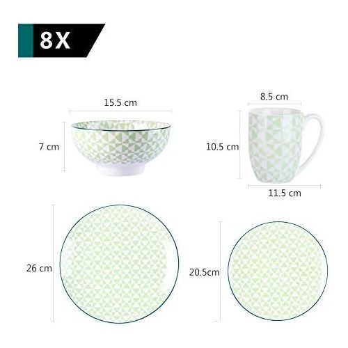  Vancasso Midori Porzellan Kombiservice, 32-teilig Geschirr Set fuer 8 Personen, mit Kaffeebecher, Mueslischalen, Dessertteller, Speiseteller