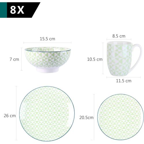  Vancasso Midori Porzellan Kombiservice, 32-teilig Geschirr Set fuer 8 Personen, mit Kaffeebecher, Mueslischalen, Dessertteller, Speiseteller