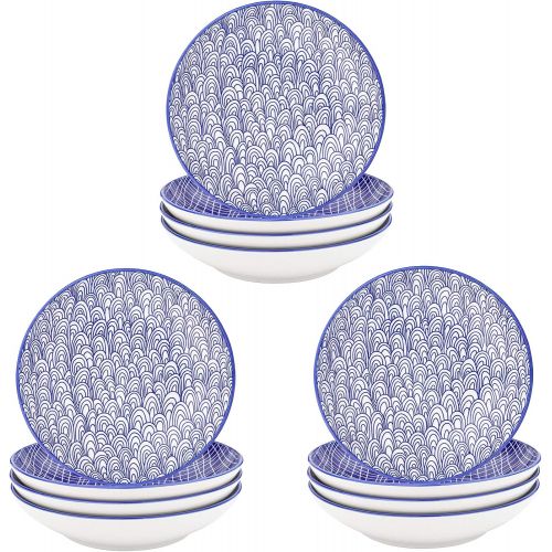  Vancasso, Takaki 12 teilig Porzellan Suppenteller, Rund Tiefteller Set, Ø 21,5 cm, Blau