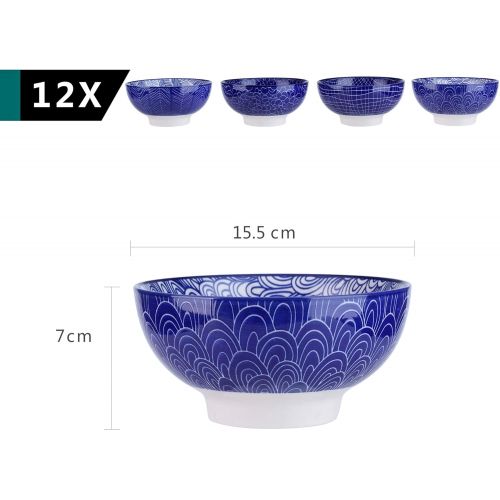  Vancasso, Takaki Porzellan Mueslischalen, 12 TLG. Set Dessertschalen, Durchmesser 15,2 cm, Salatschuessel, Blau