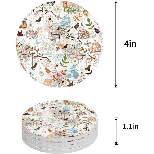  Vandarllin Funny Drink Coasters Beautiful Bird Cage Flower Leaves Pattern Absorbent Stone Ceramic Coaster with Cork Back and NO Holder for Cups, Set of 8-Piece, Art Design