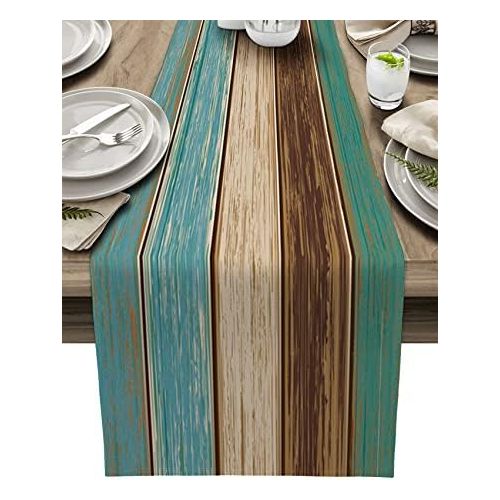  [아마존베스트]Vandarllin Cotton Linen Table Runner Dresser Scarves Retro Rustic Barn Wood&Teal Green Brown Non-Slip Burlap Rectangle Table Setting Decor for Farmhouse Wedding Party Holiday Dinner Home, (13