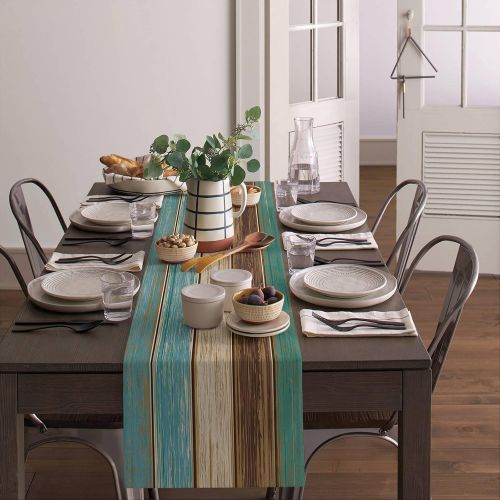  [아마존베스트]Vandarllin Cotton Linen Table Runner Dresser Scarves Retro Rustic Barn Wood&Teal Green Brown Non-Slip Burlap Rectangle Table Setting Decor for Farmhouse Wedding Party Holiday Dinner Home, (13