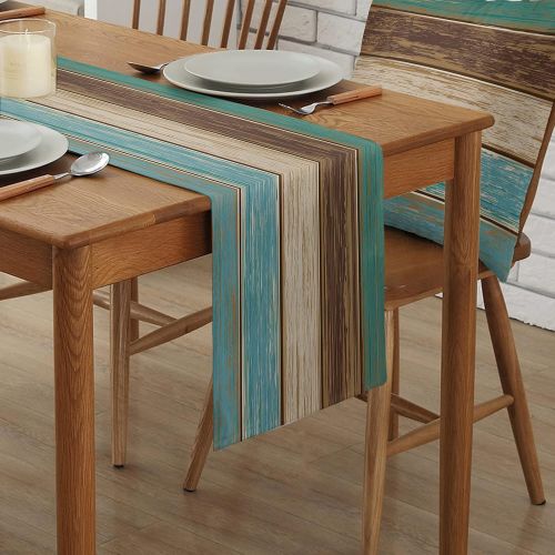  [아마존베스트]Vandarllin Cotton Linen Table Runner Dresser Scarves Retro Rustic Barn Wood&Teal Green Brown Non-Slip Burlap Rectangle Table Setting Decor for Farmhouse Wedding Party Holiday Dinner Home, (13