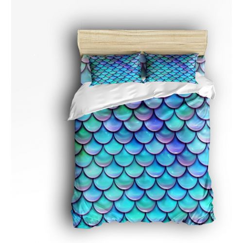  Vandarllin Twin Size Bedding Set- Fish Scales Purple Blue Duvet Cover Set Bedspread for ChildrensKidsTeensAdults, 4 Piece 100% Cotton