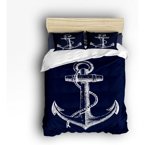  Vandarllin Twin Size Bedding Set- Nautical Navy Blue Anchor Duvet Cover Set Bedspread for ChildrensKidsTeensAdults, 4 Piece 100% Cotton