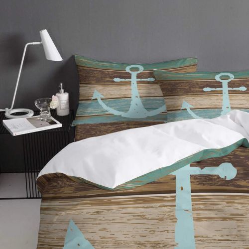  Vandarllin Twin Size Bedding Set- Nautical Anchor Rustic Wood Duvet Cover Set Bedspread for Childrens/Kids/Teens/Adults, 4 Piece 100% Cotton