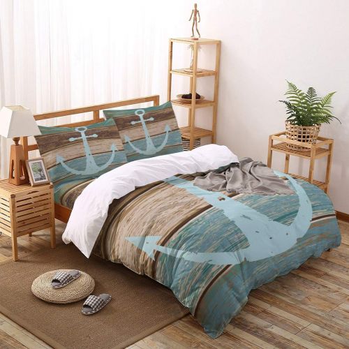  Vandarllin Twin Size Bedding Set- Nautical Anchor Rustic Wood Duvet Cover Set Bedspread for Childrens/Kids/Teens/Adults, 4 Piece 100% Cotton