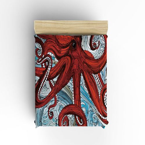  Vandarllin Full Size Bedding Set- Red Octopus Oil Painting Art Duvet Cover Set Bedspread for Childrens/Kids/Teens/Adults, 4 Piece 100% Cotton