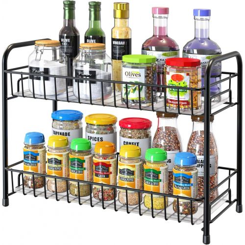  Vanfree Spice Rack Organizer for Countertop, 2-Tier Metal Spice Organizer Standing Rack Shelf Storage Holder with Shelf Liner for Kitchen Cabinet Pantry Bathroom Office, Black