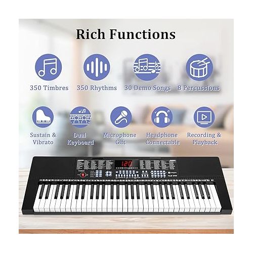  Vangoa 61-Key Light-Up Keyboard Piano for Beginners, 350 Tones & Timbres, 3 Teaching Modes, With Microphone, Black