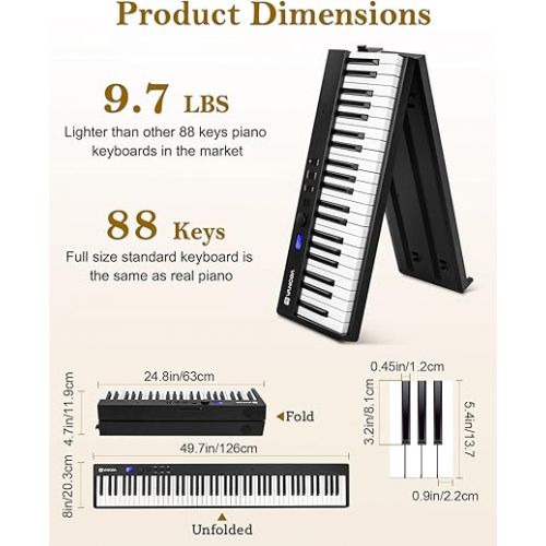  Folding Piano, Portable 88 Key Full Size Foldable Keyboard Piano Semi-Weighted Bluetooth with Light up Keys, Sustain Pedal and Handbag, Black, by Vangoa