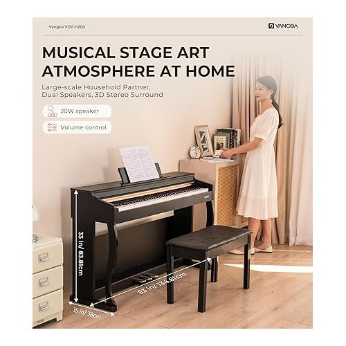  Vangoa Digital piano 88 key weighted, Digital Piano VDP-H200, Full-Size Electric Piano for Beginner Professional with Furniture Stand, Supports USB-MIDI Connecting, Slide Key Cover, Black