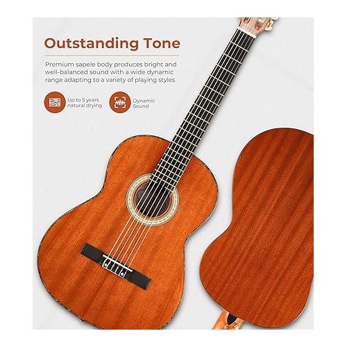  Classical Guitar 4/4, 39 Inch Full Size Nylon String Guitar for Beginner Adults, Guitar Bundle with Gig Bag & Footstool, Sapele Brown, by Vangoa