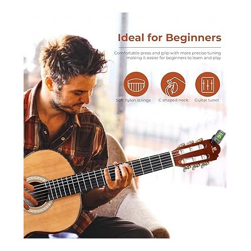  Classical Guitar Full Size 4/4 Spanish Style Classical Guitarra, 39 Inch Nylon Strings Guitar Ideal for Beginner Adults, Solid Cedar Top, by Vangoa