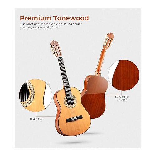  Classical Guitar Full Size 4/4 Spanish Style Classical Guitarra, 39 Inch Nylon Strings Guitar Ideal for Beginner Adults, Solid Cedar Top, by Vangoa