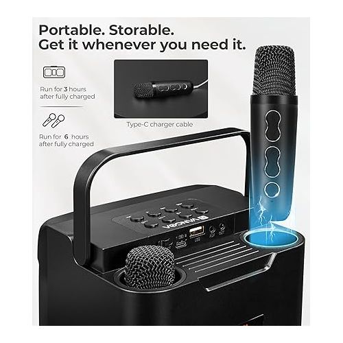  Vangoa Karaoke Machine with 2 Wireless Microphone, Bluetooth Portable Karaoke Speaker for Kids Adults, Party Karaoke Speaker with Led Light, Supports TF USB AUX BT Karaoke for Christmas Birthday Gift