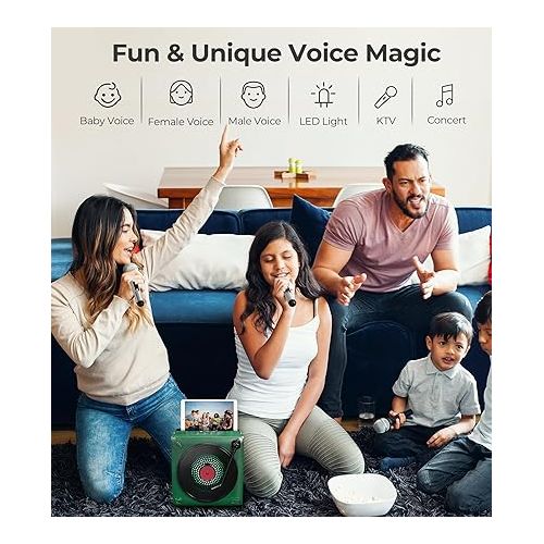  Vangoa Karaoke Machine for Adults Kids with 2 Wireless Microphones, Portable Bluetooth Singing Karaoke System with LED Light, Party Karaoke Speaker for Party Home Activities, Green