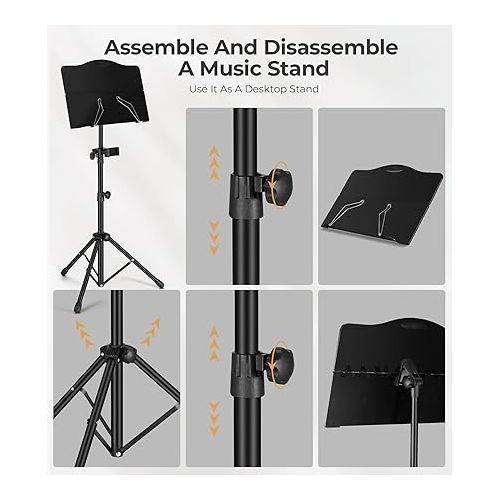  Music Stand, Vangoa Folding Sheet Music Stand with Detachable Microphone Stand & Phone Holder, Portable Lightweight with Music Sheet Clip Holder & Carrying Bag for Instrumental Performance