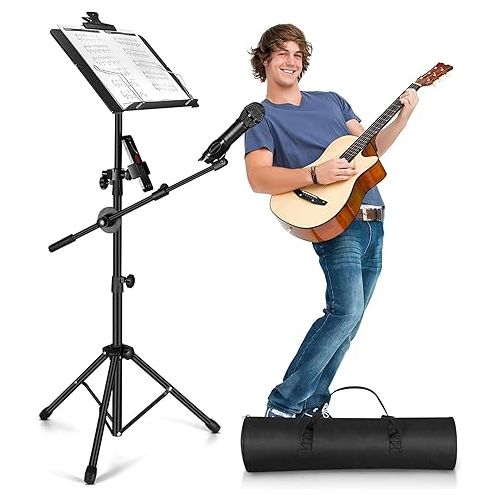  Music Stand, Vangoa Folding Sheet Music Stand with Detachable Microphone Stand & Phone Holder, Portable Lightweight with Music Sheet Clip Holder & Carrying Bag for Instrumental Performance