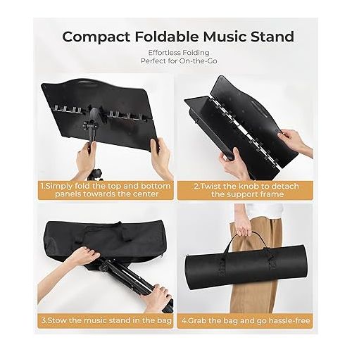  Music Stand, Vangoa Folding Sheet Music Stand with Detachable Microphone Stand & Phone Holder, Portable Lightweight with Music Sheet Clip Holder & Carrying Bag for Instrumental Performance