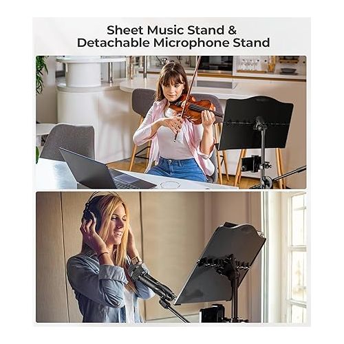  Music Stand, Vangoa Folding Sheet Music Stand with Detachable Microphone Stand & Phone Holder, Portable Lightweight with Music Sheet Clip Holder & Carrying Bag for Instrumental Performance