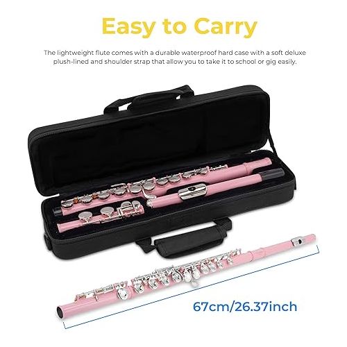  Vangoa Closed Hole C Flute for Beginners Kids Student 16 Keys Flute Instrument Nickel Plated Flute with Case, Stand and Cleaning Kit, Pink