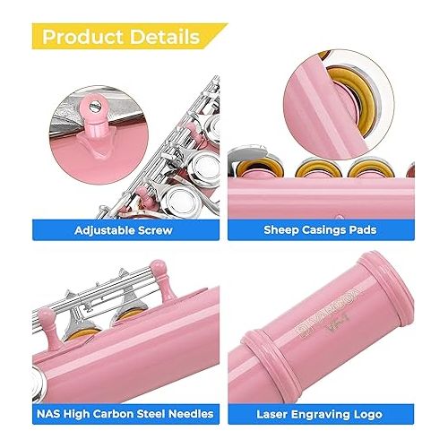  Vangoa Closed Hole C Flute for Beginners Kids Student 16 Keys Flute Instrument Nickel Plated Flute with Case, Stand and Cleaning Kit, Pink
