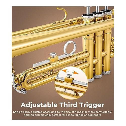  Vangoa Bb Trumpet Brass Standard Gold Trumpet Instrument for Student School Band Orchestra Adult Kid Beginner with Hard Case, Stand, Cleaning Kit, White Gloves, Valve Oil and 7C Mouthpiece