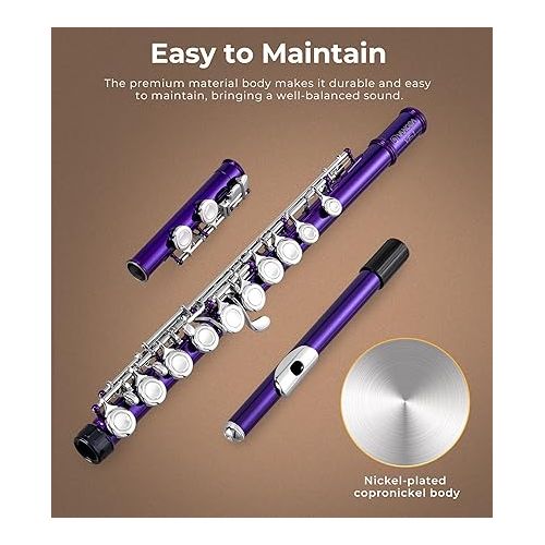  Vangoa Closed Hole C Flute for Beginners Kids Student 16 Keys Flute Instrument Nickel Plated Flute with Case, Stand and Cleaning Kit, Purple