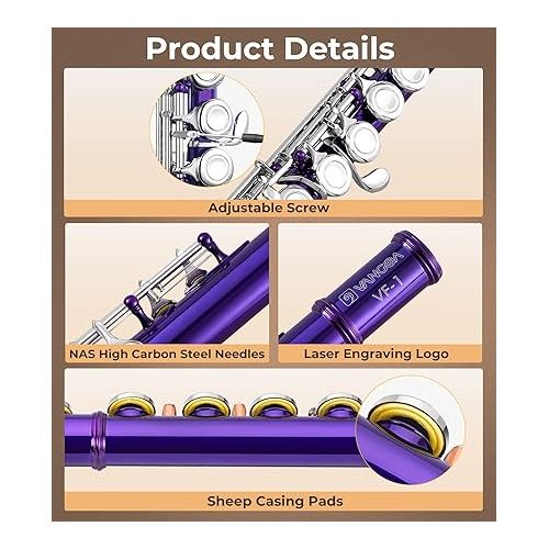  Vangoa Closed Hole C Flute for Beginners Kids Student 16 Keys Flute Instrument Nickel Plated Flute with Case, Stand and Cleaning Kit, Purple