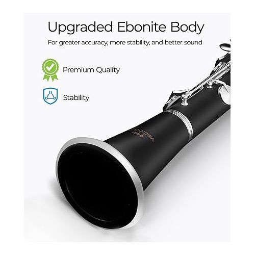  Vangoa B Flat Clarinet for Beginners Intermediate, Upgraded Bb Ebonite Clarinet Silver-Plated for School Band Orchestra Adult Student with Hard Case, Stand, Cleaning Kit, 2 Barrels