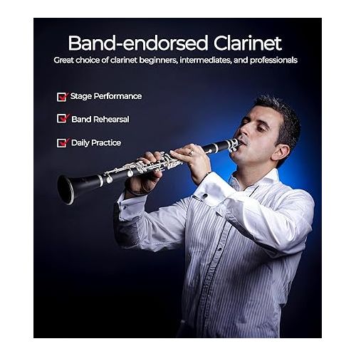  Vangoa B Flat Clarinet for Beginners Intermediate, Upgraded Bb Ebonite Clarinet Silver-Plated for School Band Orchestra Adult Student with Hard Case, Stand, Cleaning Kit, 2 Barrels