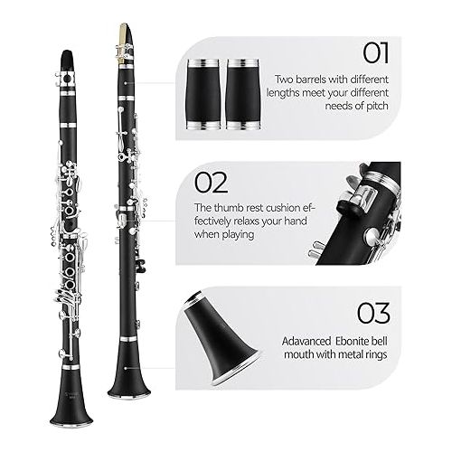  Vangoa B Flat Clarinet for Beginners Intermediate, Upgraded Bb Ebonite Clarinet Silver-Plated for School Band Orchestra Adult Student with Hard Case, Stand, Cleaning Kit, 2 Barrels