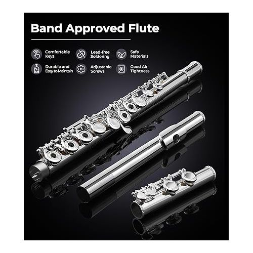  Flute, Open/Closed Hole C Flutes Instrument 16 Keys Silver Plated Student Flute School Band Orchestra for Beginners Kids with Case, Cleaning Kit, Carrying Case, Tuning Rod, Gloves, by Vangoa