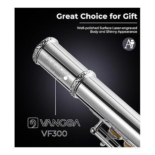  Flute, Open/Closed Hole C Flutes Instrument 16 Keys Silver Plated Student Flute School Band Orchestra for Beginners Kids with Case, Cleaning Kit, Carrying Case, Tuning Rod, Gloves, by Vangoa