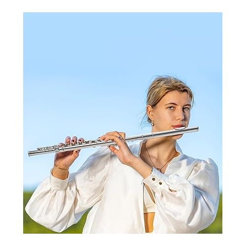  Flute, Open/Closed Hole C Flutes Instrument 16 Keys Silver Plated Student Flute School Band Orchestra for Beginners Kids with Case, Cleaning Kit, Carrying Case, Tuning Rod, Gloves, by Vangoa