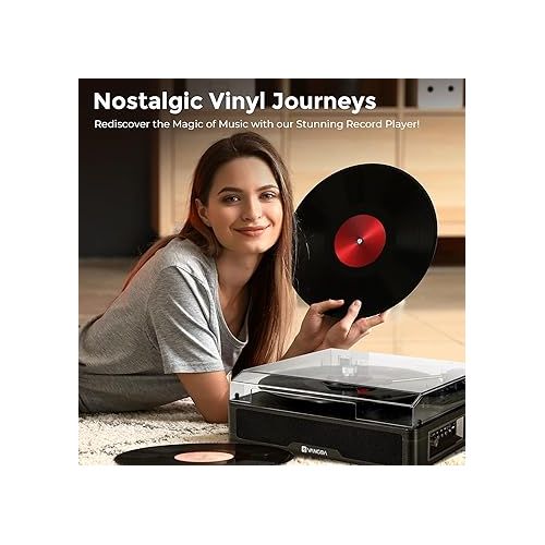  Record Player with Stereo Speakers, Vangoa BT Turntable for Vinyl Records with Dual Bookshelf Speakers, Retro LP Players Support 3 Speed 3 Size Wireless Playback AUX USB, Gifts for Dad