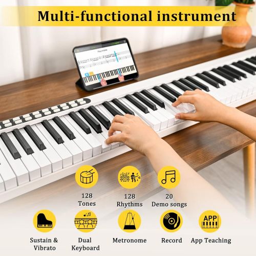  [아마존베스트]Vangoa VGD881 Piano Keyboard 88 Keys, Portable Touch Sensitive Electronic Keyboard Piano Rechargeable with Wireless Connection, Padded Handbag, Power Supply and Sustain Pedal, Whit