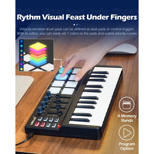  [아마존베스트]Vangoa MIDI Keyboard 25 Keys, Worlde Panda MINI II USB Keyboard MIDI with 8 RGB Backllit Drum Pads, 4 Sliders and 4 Knobs