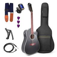 Vangoa 41 Inch 12 Strings VGK41-12BKCE Black Acoustic Electric Cutaway Guitar 4 Band EQ Starter Kit