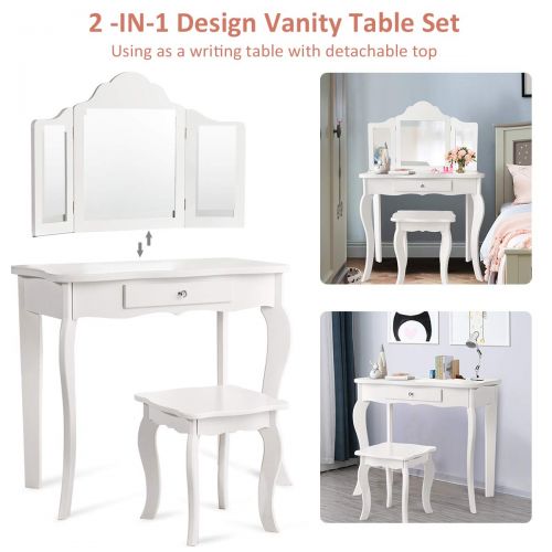  Costzon Kids Wooden Vanity Table & Stool Set, 2 in 1 Detachable Design with Dressing Dable and Writing Desk, Princess Makeup Dressing Table with Two 180° Folding Mirror, for Girls,